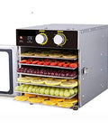 No Stress Six Tray Stainless Steel Food Dehydrator Machine For Fruits Vegetables Beef Jerky Snacks And Herbs With Horizontal Airflow Setup, loaded with colorful dried fruits.