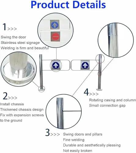 Hella Durable Spring Loaded One Way Pedestrian Swing Gate For Retail Shops And Warehouses With No Sweat Installation And Stylish Decorative Covers For Reliable Crowd Flow, showcasing stainless steel design and installation details.