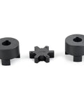 Front view of a 3-piece L-jaw coupling set: two black rubber hubs and a star-shaped spider.