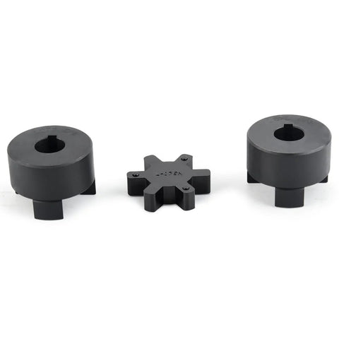Front view of a 3-piece L-jaw coupling set: two black rubber hubs and a star-shaped spider.