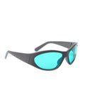 Heavy Duty Red Laser Safety Glasses With OD4 Plus Rating For 600 To 700Nm Ranges Delivering Fifty Percent Light Transmittance And Kickass Photonic Optics Rigged Tough For Active Job Sites. Side view of safety glasses with teal lenses