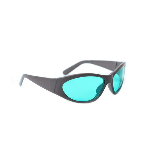 Heavy Duty Red Laser Safety Glasses With OD4 Plus Rating For 600 To 700Nm Ranges Delivering Fifty Percent Light Transmittance And Kickass Photonic Optics Rigged Tough For Active Job Sites. Side view of safety glasses with teal lenses
