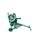 Side view of green three quarter inch EMT conduit bender mechanical hand tool for electricians with steel construction and wheels.