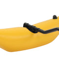 Close-up of yellow inflatable kayak outrigger stabilizer arm and bracket attachment on boat for added balance.