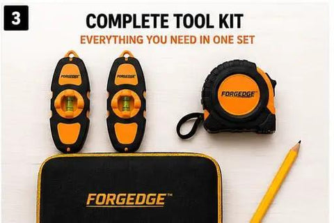 FORGEDGE Magnetic Stud Finder Set, 2-Pack with Level, Tape Measure, Carpenter Pencil & Storage Case displayed on a table.