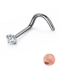 Implant Grade Titanium Nose Stud 20G With Dope Cubic Zirconia Sparkle And Lock Tight Corkscrew Design, shown from side angle.