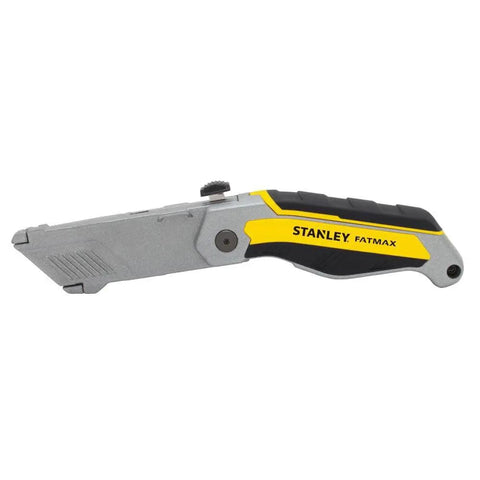 Heavy Duty Folding Utility Knife With ExoChange Fast Blade Swap and a Knockout Soft Touch Grip in gray and yellow design.