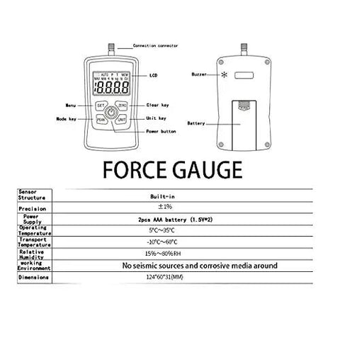 Heavy Duty Digital Force Gauge And Push Pull Dynamometer Featuring Auto Backlight And Peak Hold Mode For Zero Sweat Lab Or Workshop Testing Up To 300 Newtons, detailed specifications.