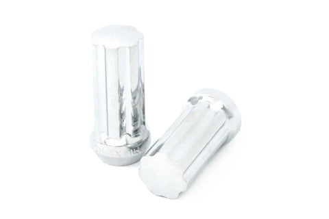 Two chrome finished cold forged steel bulbous acorn lug nuts for lifted trucks and trail rigs, designed for secure locking.