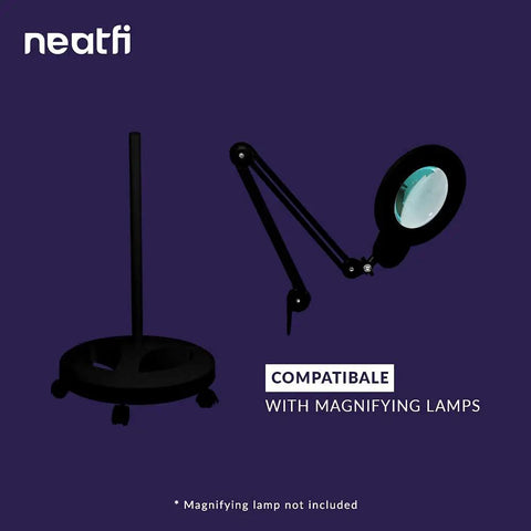 6 Wheel Rolling Floor Stand For LED Desk Lamps And Magnifying Lamps With Clamp Portable Base On Casters Black