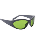 Heavy Duty Laser Safety Glasses With Crystal Clear Lenses Providing Straight Up Protection Against 660nm And 800 To 1095nm Wavelengths Featuring OD5 Rating For Labs And Clinics, grey frame with green lenses.