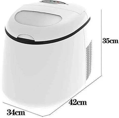 Compact Countertop Ice Maker Slaps Out Crisp Cubes In A Cinch, a white appliance measuring 35cm high and 42cm wide.