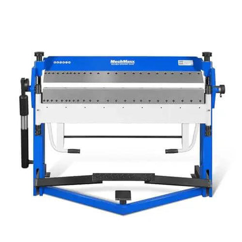 Front view of 50 Inch Foot Clamp Pan And Box Brake For Sheet Metal Folding, Heavy Duty Industrial Metal Bender, hands-free foot pedal clamping.