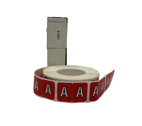 ABKM Compatible Alpha Labels Red A 1 Inch By 1.5 Inch, No Fuss Filing Color Coding Labels, 500 Per Roll, shown rolled with dispenser