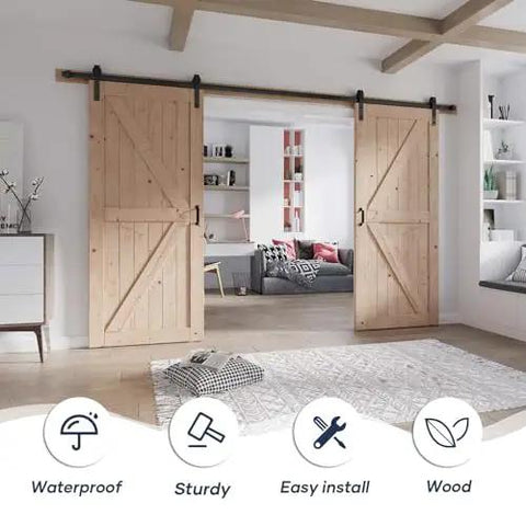 Premium Grade Spruce Double Barn Door With Heavy Duty Mounting Hardware Included Tough As Nails Durability Smooth Glide Rails For Room Divider And Closet Upgrade 72 Inch Wide Opening rustic wood doors installed in modern home interior.