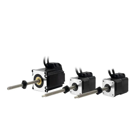 Rock Solid Cnc Closed Loop Linear Lead Screw Stepper Motor Featuring Knockout High Performance Dc Torque Control With Optional Encoder Driver And Power Supply For Slick Automation Projects viewed from the front.