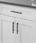 Matte Black And Gold Cabinet Pulls 5 Inch Center To Center 7 Inch Long Drawer Handles 10 Pack on white kitchen cabinets.