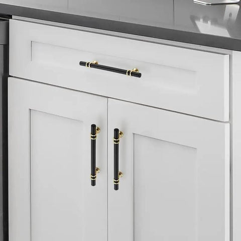 Matte Black And Gold Cabinet Pulls 5 Inch Center To Center 7 Inch Long Drawer Handles 10 Pack on white kitchen cabinets.