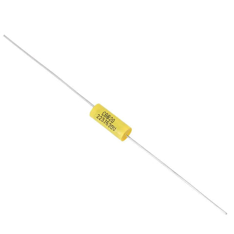 Top Shelf Polyester Film Capacitor Kit 630V 0.022uF Axial Leads yellow film capacitor with axial leads for vintage radio and tube amp projects.