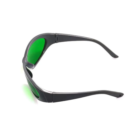 Broad Band Infrared Laser Safety Glasses Selected By Telecom Pros For 800 To 1700NM Projects side view with green lenses and gray frame.