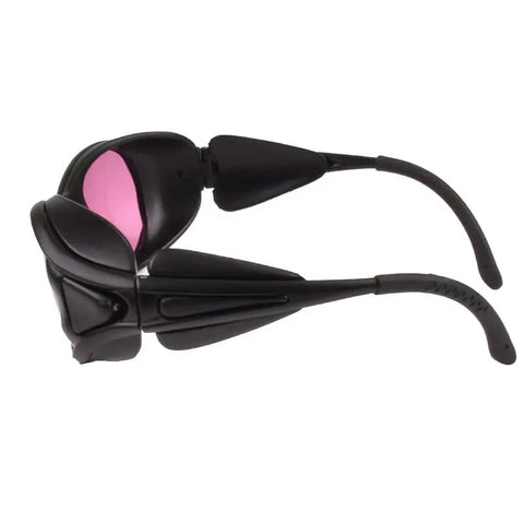 Heavy Hitting Infrared Laser Safety Goggles With Top Shelf OD4 Plus Filter Durable Polycarbonate Eyewear side view, black frame and pink lenses.