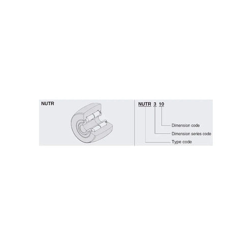 Diagram of Built Tough NUTR25 Yoke Type Needle Roller Track Bearing with codes for dimensions and type.