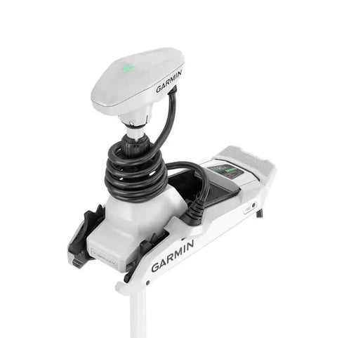 Tight 100 Lb Thrust 90 Inch Electronic Trolling Motor White With Gps Anchor Lock Ahrs Heading Control Badass Chartplotter Sync And Rock Solid Handling For Smooth Water Runs close-up view showing the motor head and control mechanism.