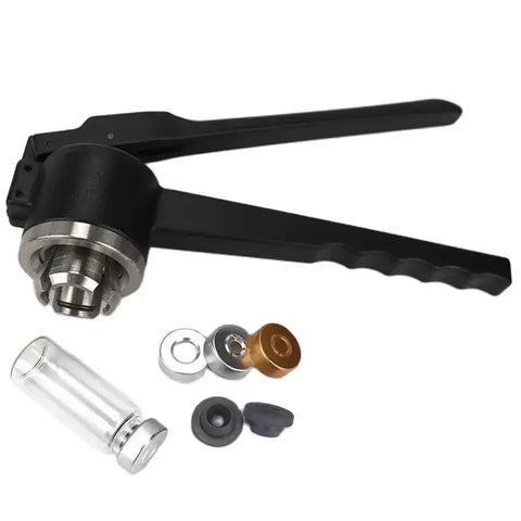 Killer Hand Crimping Tool For 15mm Glass Vials Aluminum Cap Sealer Slick Bottle Capper with components in view.