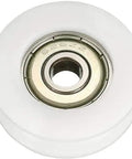 Sleek Metal V-Groove Bearing Pulley For Linear Systems 6mm Bore 30mm OD 10mm Thick showing bearing and white shell for smooth guidance.