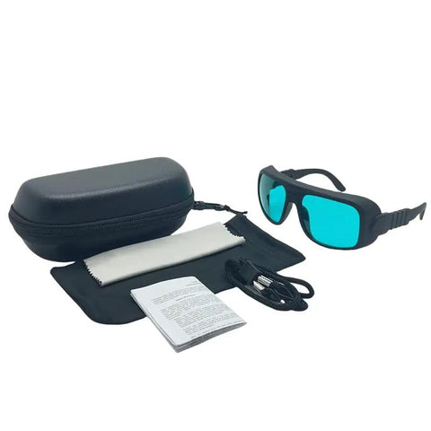 Pro Grade Laser Safety Glasses Offering Hella Secure Coverage Against Red Laser Beams Featuring Top Notch OD4 Plus Filtering And Sweet Clarity For Your Projects, with case and cleaning cloth.
