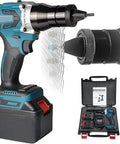 Kickass Cordless Nutert Tool With 26v 5200mah Battery Rivet Gun close-up with case and interchangeable mandrel head.