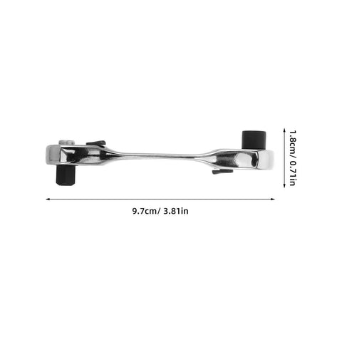 Rock Solid Mini Ratchet Wrench With 1/4 Inch Double Ended Reversible Socket And Knurled Finger Grip shown from the side with dimensions.