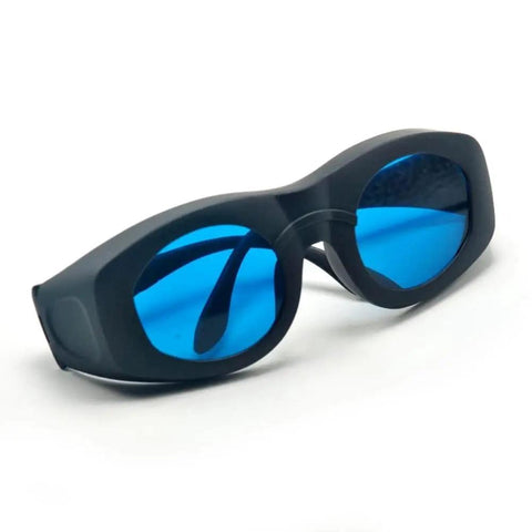 Kickbutt CE Certified IR Laser Safety Goggles With No Cap OD6 Plus Protection For 600 To 1100Nm Wavelengths, black frame with blue lenses.