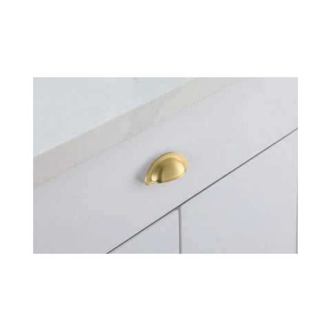 Buttery Smooth Brushed Gold Zinc Alloy Cabinet Pulls Slick Cup Design on white kitchen cabinet door.