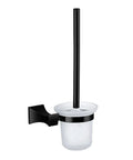 Kickass Chrome Wall Mount Toilet Brush Holder With Seamless Glass Cup Hella Sturdy Build Simple Install Bathroom Essential That Keeps Your Powder Room Looking Crisp And Completely Mess Free Daily with black handle and clear cup.