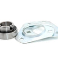 Heavy Duty Stamped Steel Housed Unit With Deep Groove Ball Bearings No Fuss Setscrew Locking Setup and Rock Solid Three Bolt Flange Mount, showing robust steel components.