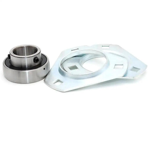 Heavy Duty Stamped Steel Housed Unit With Deep Groove Ball Bearings No Fuss Setscrew Locking Setup and Rock Solid Three Bolt Flange Mount, showing robust steel components.