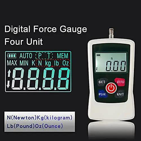 Heavy Duty Digital Force Gauge High Precision Push Pull Tester No Sweat 200N Dynamometer With Slick 0.1N Display, showing four unit readout.