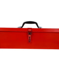 Slick Red Metal Toolbox Chest With Reinforced Carry Handle For Portable Gear Storage And Heavy Duty Tool Organization That Serves As The Ultimate Hardcore Hardware Locker, front view.