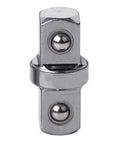 Front view of chrome-plated, double-ended socket adapter with square drive ends