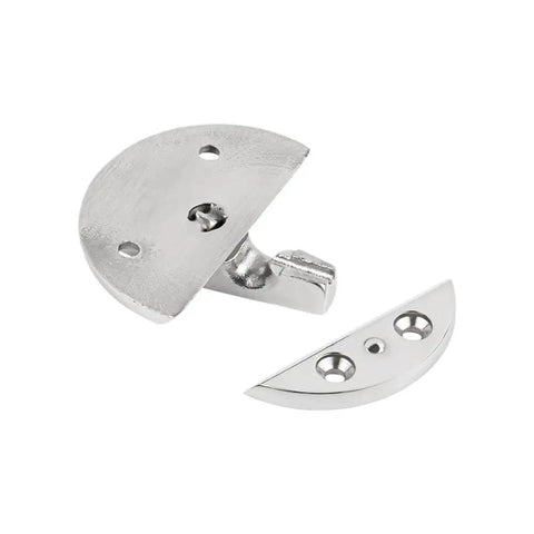 Top Notch 316 Stainless Steel Round Marine Catch Latch Offering Smooth 180 Degree Action To Keep Your Boat Doors And Cabinets Locked Down Tight Heavy Duty Corrosion Proof Replacement Gear. Close-up view of stainless steel round marine catch latch and strike plate.