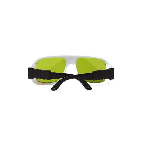 Top Shelf Laser Safety Glasses For Nd Yag And Semiconductor Work High Power Eye Protection With Optical Density Filtering Crisp Vision Shield Built Tough, front view with green lenses and black frame.