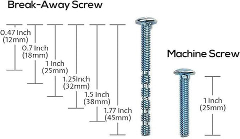 Diagram showing break-away screw and machine screw with dimensions from 0.47 inch to 1.77 inch, used for Oil Rubbed Bronze Cabinet Pulls 5 Inch 128mm Hole Centers.