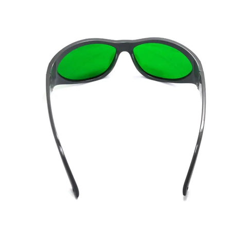 All American Heavy Duty Laser Safety Glasses With Killer Eye Protection For High Power Red And Infrared Diode Beams Wide 631 To 1100 Nanometer Range Clear Lens shown from the back with green tinted lenses.