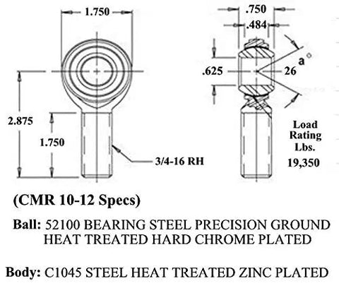 Hardcore 5/8 Inch Bore 3/4-16 Thread 4 Link Rod End Set Built Heavy Duty With Heat Treated Steel And Zero Flex technical specs diagram.
