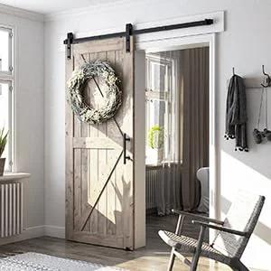 6.8 Foot Sliding Barn Door Hardware Kit With 6.8 Foot Track Kit, Pull Handle Set And Floor Guide For 36 To 40 Inch Doors installed view