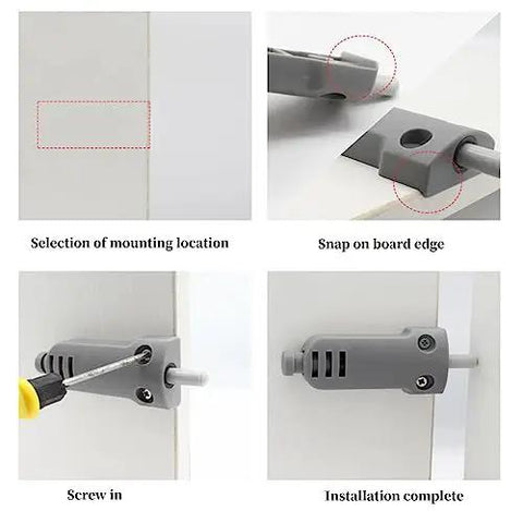Heavy Duty 66 mm Cabinet Door Damps installation steps with mounting selections, screws, and completed assembly.