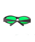Heavy Duty Laser Protective Glasses For Red Lasers Solid Kick Butt Eye Safety Gear With Optical Density Six Plus And Thirty Percent Light Transmittance. Front view of dark frame with green lenses.