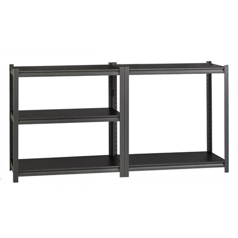 Bulletproof 3200 Lb Riveted Metal Shelving Unit 72 X 36 X 18 Inches with black laminate shelves in gunmetal gray finish.