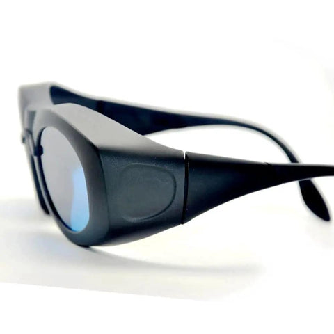 Kickbutt CE Certified IR Laser Safety Goggles With No Cap OD6 Plus Protection For 600 To 1100Nm Wavelengths, black frame detail.